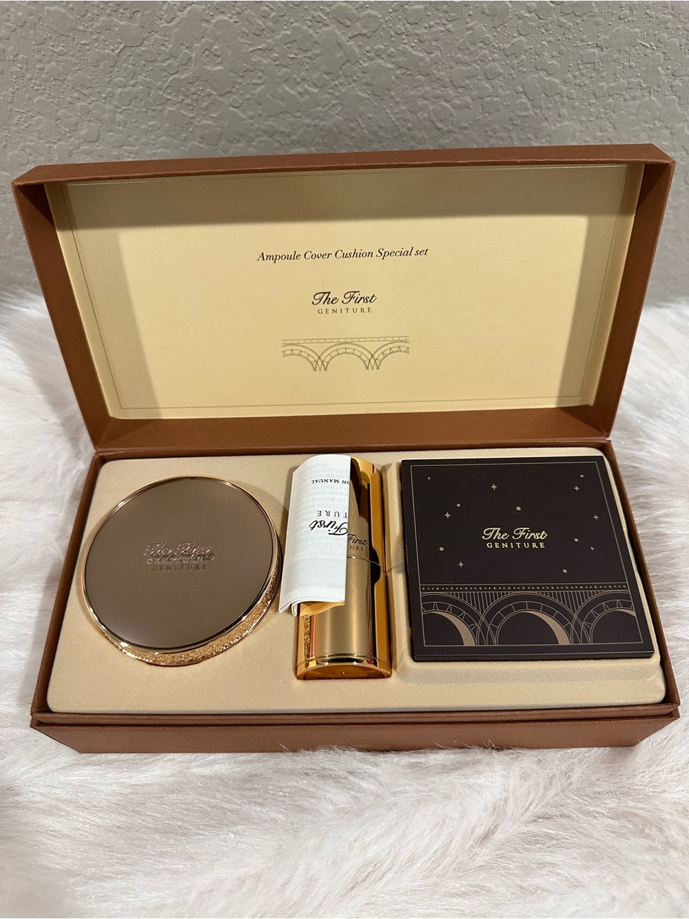 The First Geniture Ampoule Cover Cushion Set - Brown & Gold